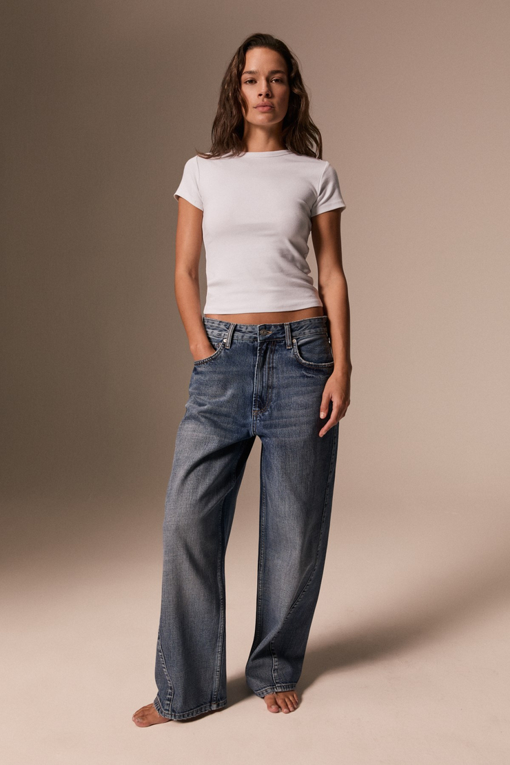 LEXY Kadın Standart Bel Baggy Balon Jean Mavi Tint Pantolon