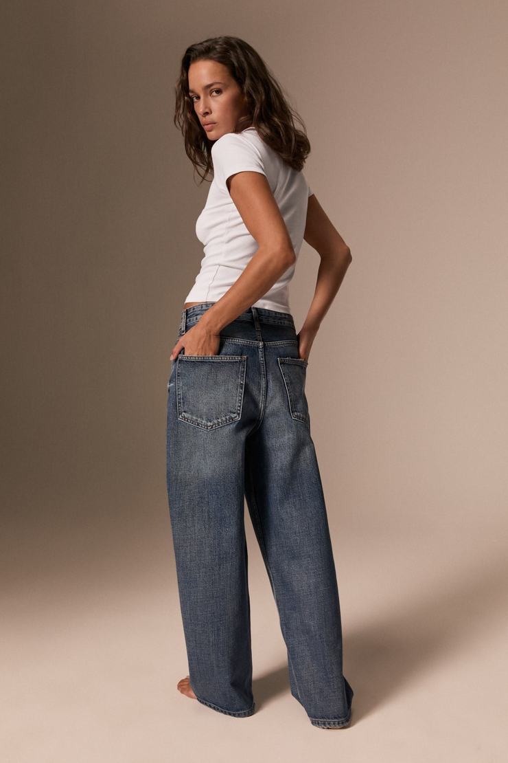 LEXY Kadın Standart Bel Baggy Balon Jean Mavi Tint Pantolon