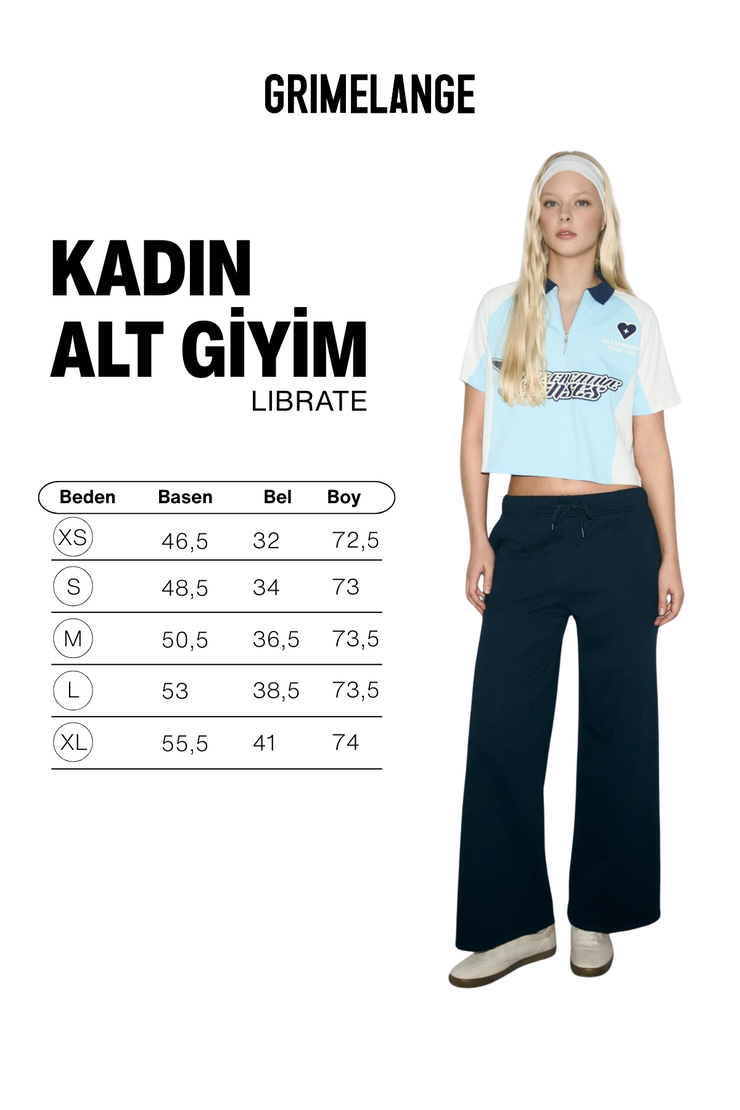 LIBRATE Kadın Organik Pamuklu Baskı Detaylı Çift Cepli Oversıze Lacivert Eşofman Altı