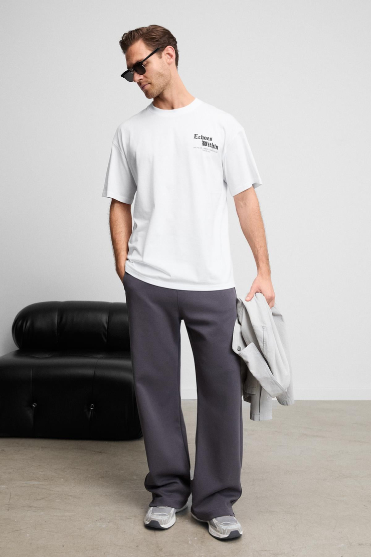 LIGHT Erkek Organik Pamuklu Bisiklet Yakalı Nakış Ve Baskı Detaylı Oversıze Fit Beyaz T-Shirt