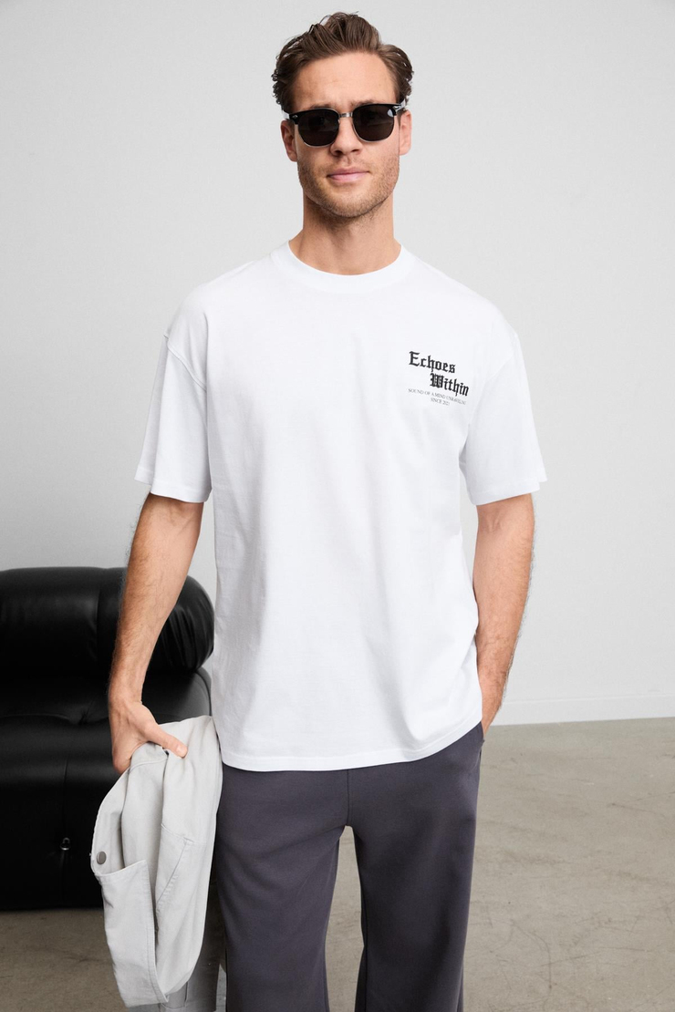 LIGHT Erkek Organik Pamuklu Bisiklet Yakalı Nakış Ve Baskı Detaylı Oversıze Fit Beyaz T-Shirt