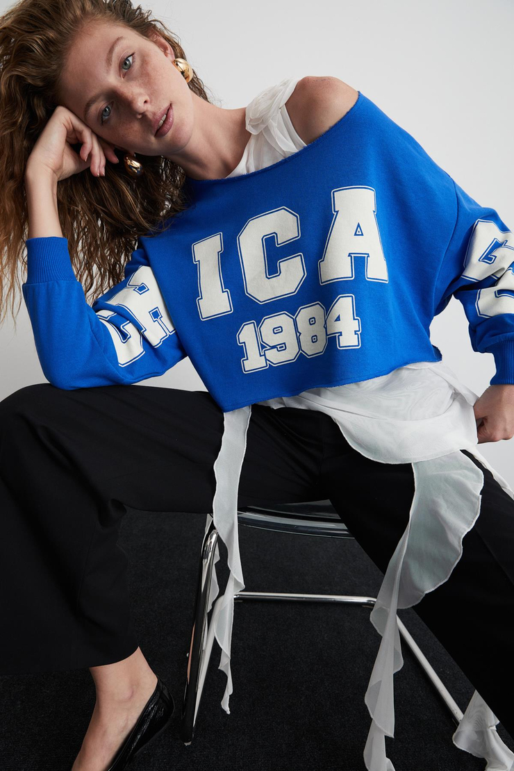 LIGIA Basic Regular Koyu Mavi Tekli Bluz