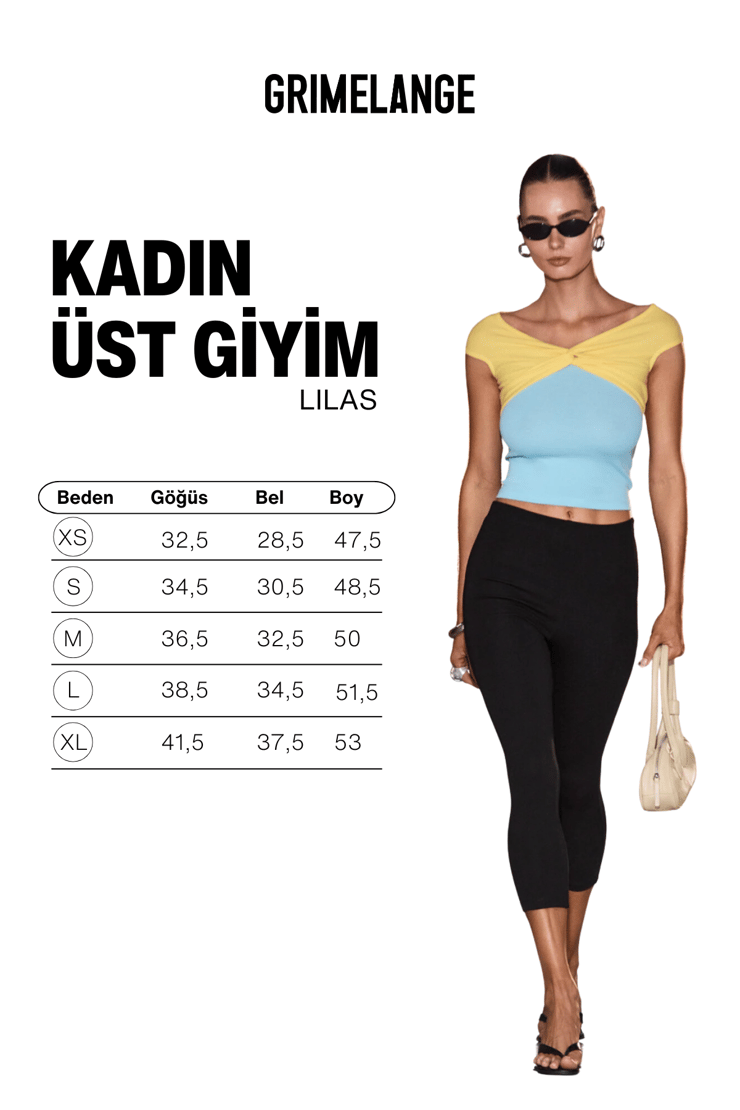 LILAS Kadın Yumuşak Ve Esnek Kumaşlı Kontrast Renkli Düğüm Detaylı Mavi - Sarı Bluz