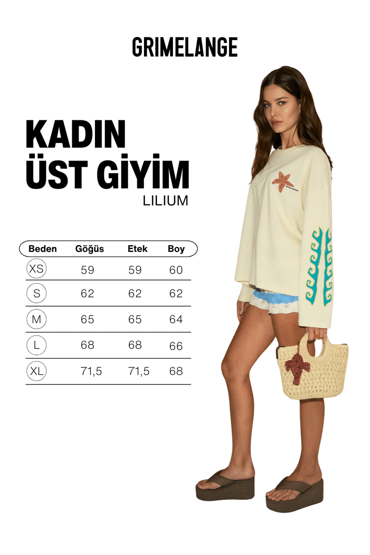 LILIUM Kadın %100 Organik Pamuklu Baskı Detaylı Uzun Kollu Krem T-Shirt