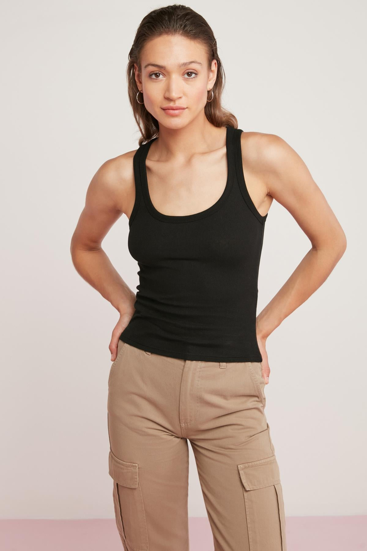 LILLESOL Kadın Fitilli Görünümlü Slim Fit Vücuda Oturan Havuz Yakalı Pamuklu Basic Siyah Atlet