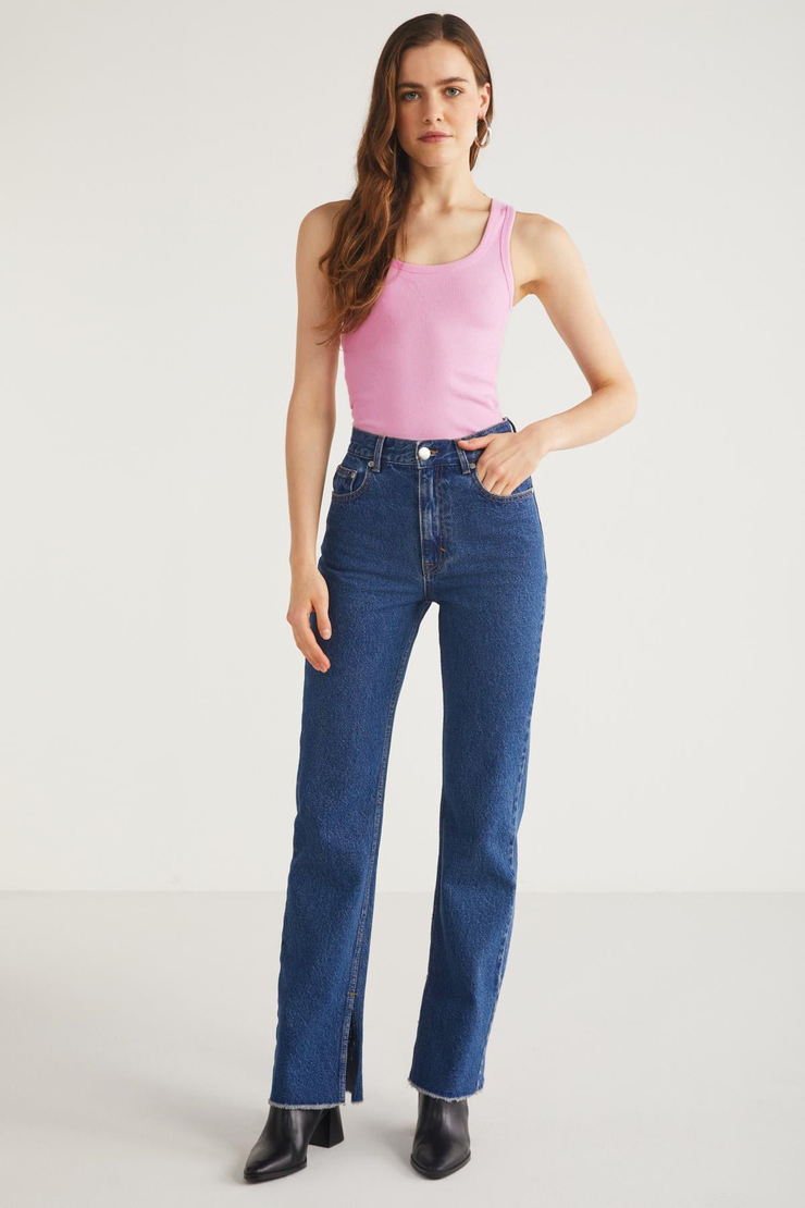 LILLESOL Kadın Fitilli Görünümlü Slim Fit Vücuda Oturan Havuz Yakalı Pamuklu Basic Koyu Pembe Atlet