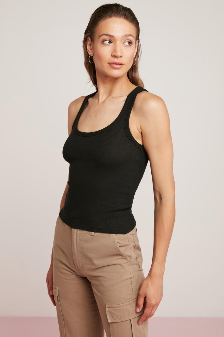 LILLESOL Kadın Fitilli Görünümlü Slim Fit Vücuda Oturan Havuz Yakalı Pamuklu Basic Siyah Atlet