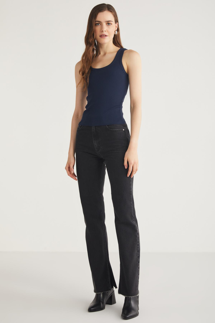 LILLESOL Kadın Fitilli Görünümlü Slim Fit Vücuda Oturan Havuz Yakalı Pamuklu Basic Lacivert Atlet