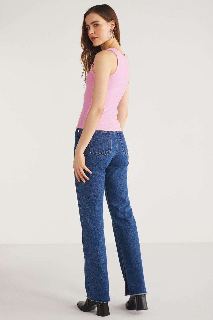 LILLESOL Kadın Fitilli Görünümlü Slim Fit Vücuda Oturan Havuz Yakalı Pamuklu Basic Koyu Pembe Atlet