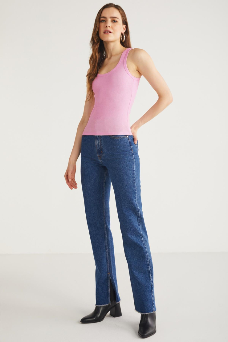 LILLESOL Kadın Fitilli Görünümlü Slim Fit Vücuda Oturan Havuz Yakalı Pamuklu Basic Koyu Pembe Atlet