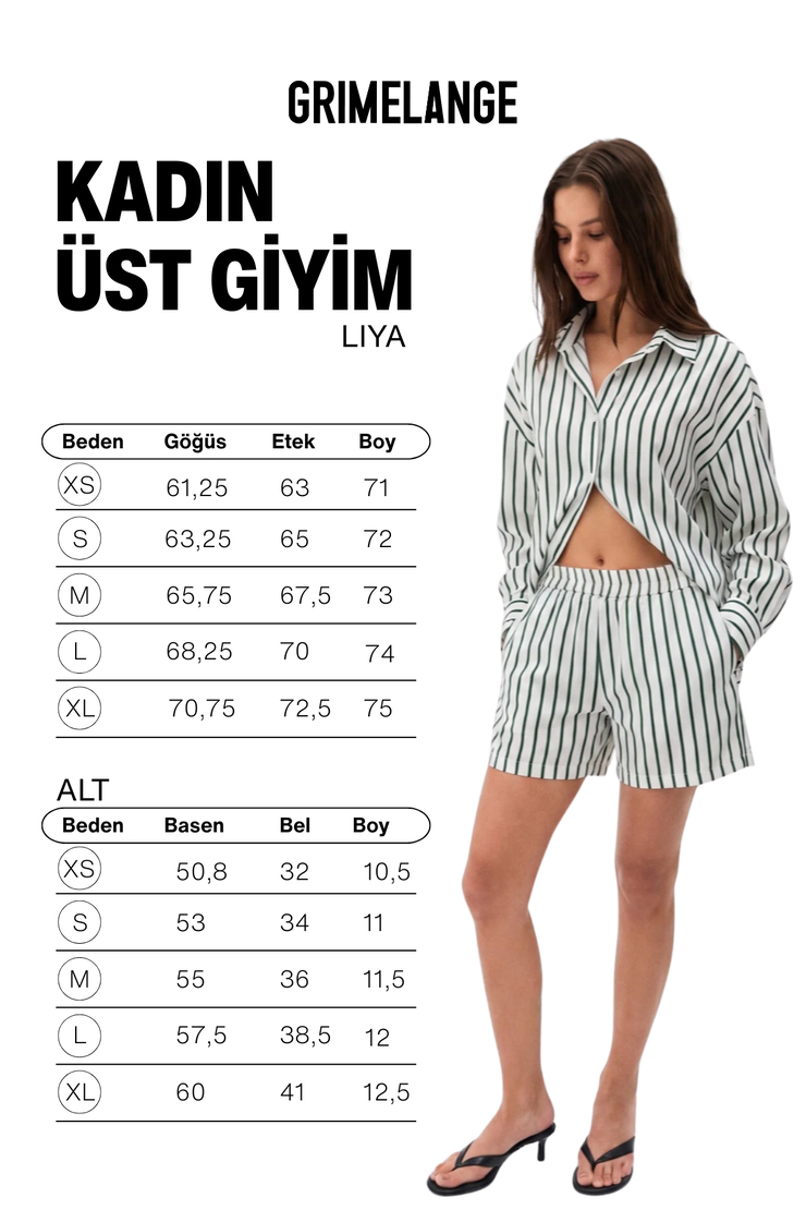 LIYA Kadın Oversize %100 Pamuk Şort Ve Gömlek Yeşil- Çizgili Alt-Üst Takım