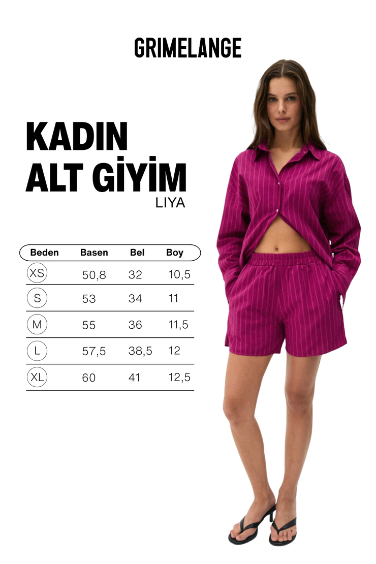 LIYA Kadın Oversize %100 Pamuk Şort Ve Gömlek Fuşya Çizgili Alt-Üst Takım
