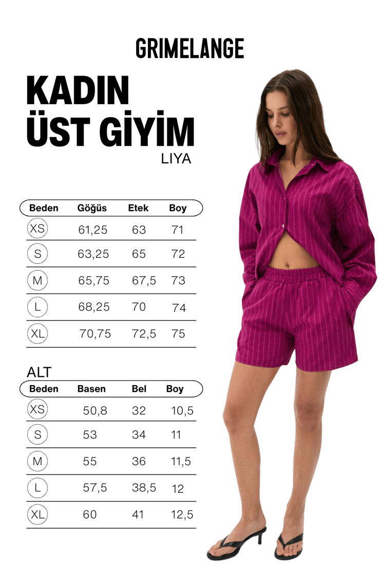 LIYA Kadın Oversize %100 Pamuk Şort Ve Gömlek Fuşya Çizgili Alt-Üst Takım