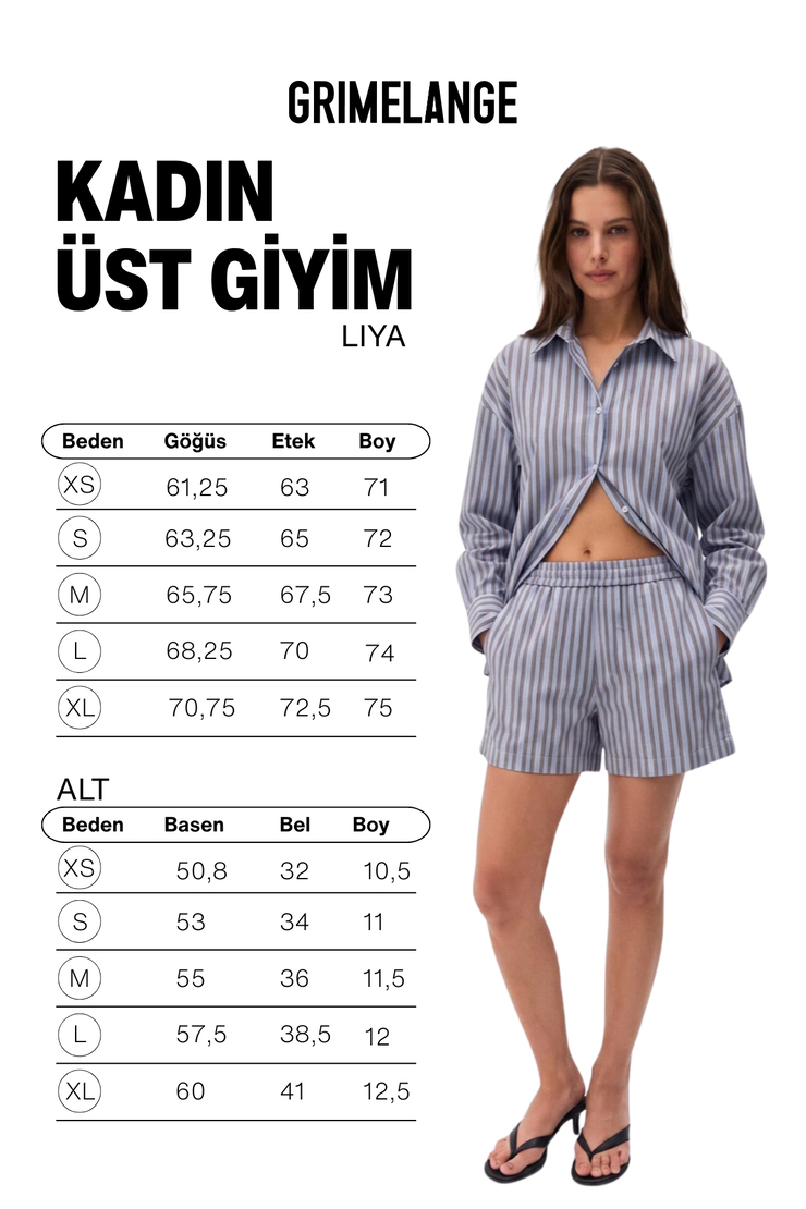 LIYA Kadın Oversize %100 Pamuk Şort Ve Gömlek Mavi Çizgili Alt-Üst Takım