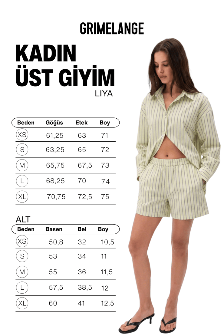 LIYA Kadın Oversize %100 Pamuk Şort Ve Gömlek Sarı Çizgili Alt-Üst Takım