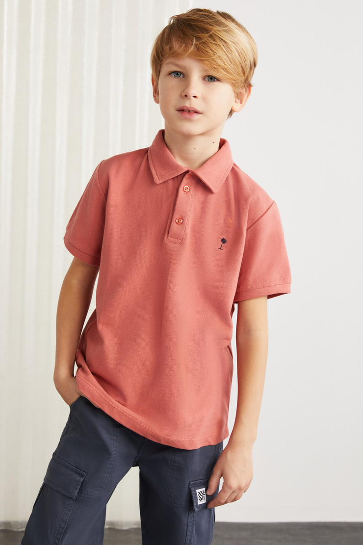 LOIS-GRM24001 100% pamuk  nakışlı kısa kollu polo yaka tshirt Kiremit Rengi Polo Yaka T-shirt