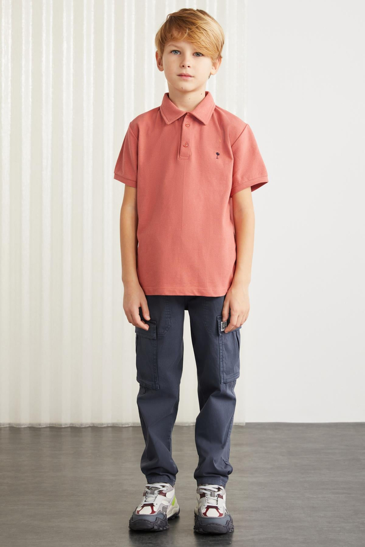 LOIS-GRM24001 100% pamuk  nakışlı kısa kollu polo yaka tshirt Kiremit Rengi Polo Yaka T-shirt