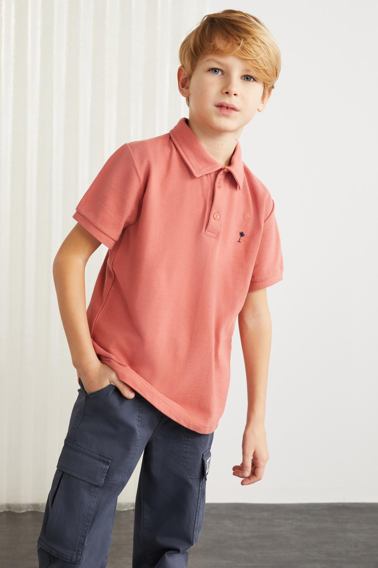 LOIS-GRM24001 100% pamuk  nakışlı kısa kollu polo yaka tshirt Kiremit Rengi Polo Yaka T-shirt