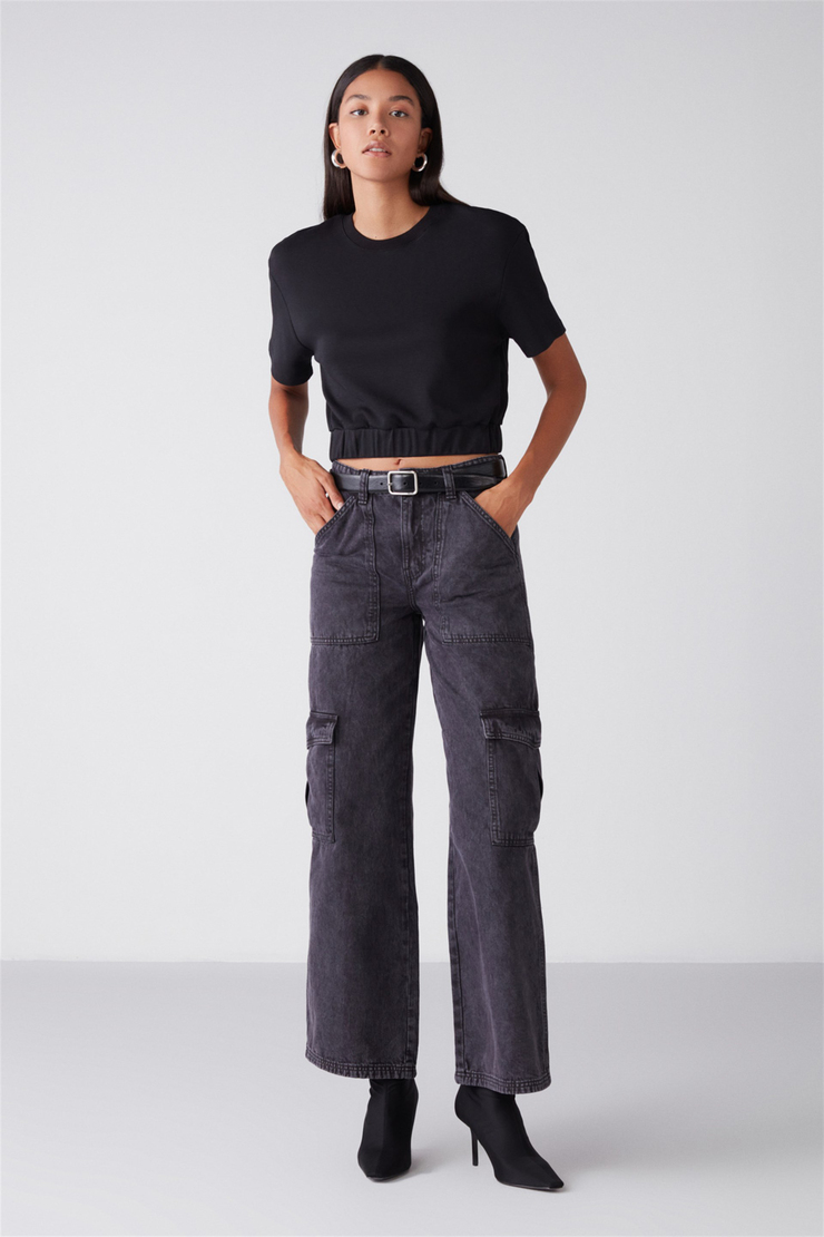 LOLA Örme Crop Fit Siyah  Bluz