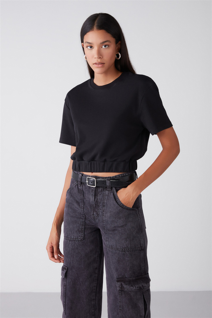 LOLA Örme Crop Fit Siyah  Bluz