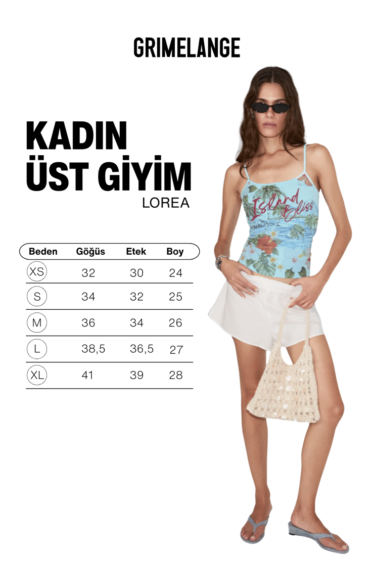 LOREA Kadın Yumuşak Ve Esnek Kumaşlı Baskı Ve Taş Detaylı Slim Fit Mavi Atlet