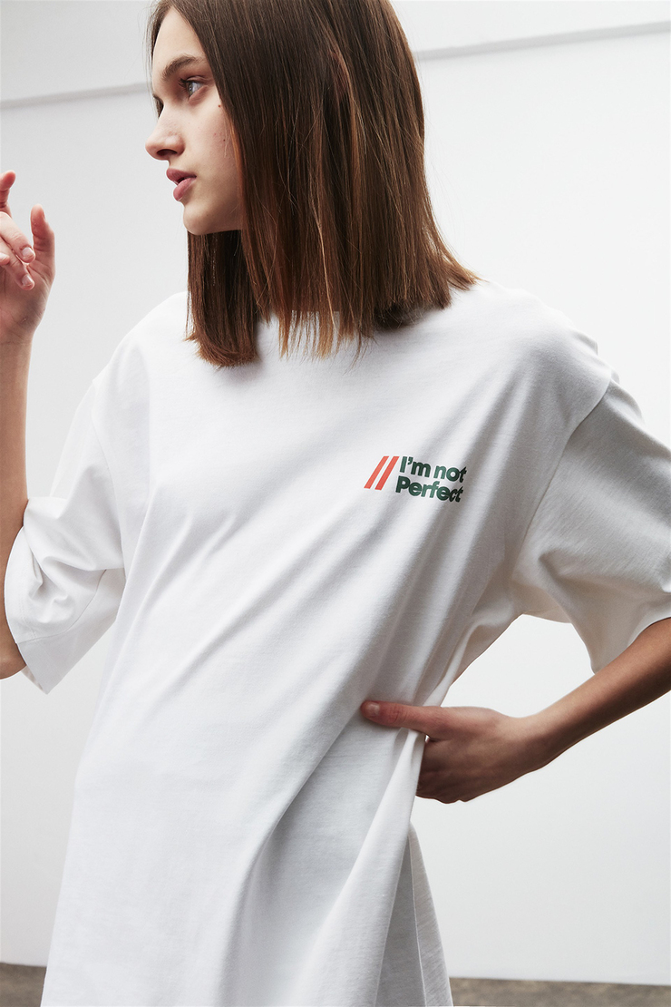 LOURDES Beyaz Kadın Baskılı Yuvarlak Yaka     Oversıze T-Shirt