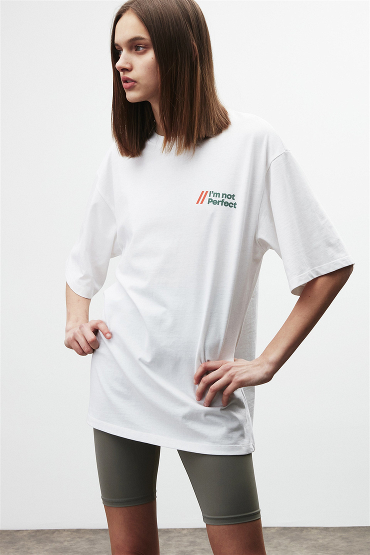LOURDES Beyaz Kadın Baskılı Yuvarlak Yaka     Oversıze T-Shirt