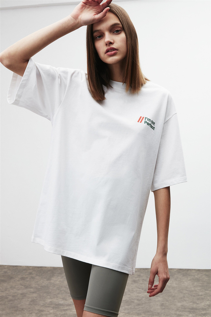 LOURDES Beyaz Kadın Baskılı Yuvarlak Yaka     Oversıze T-Shirt