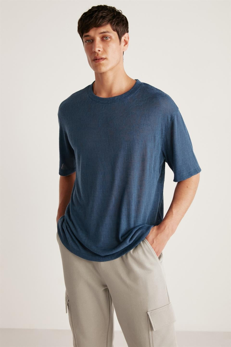 LUCAS Örme Regular Lacivert Tekli T-Shirt