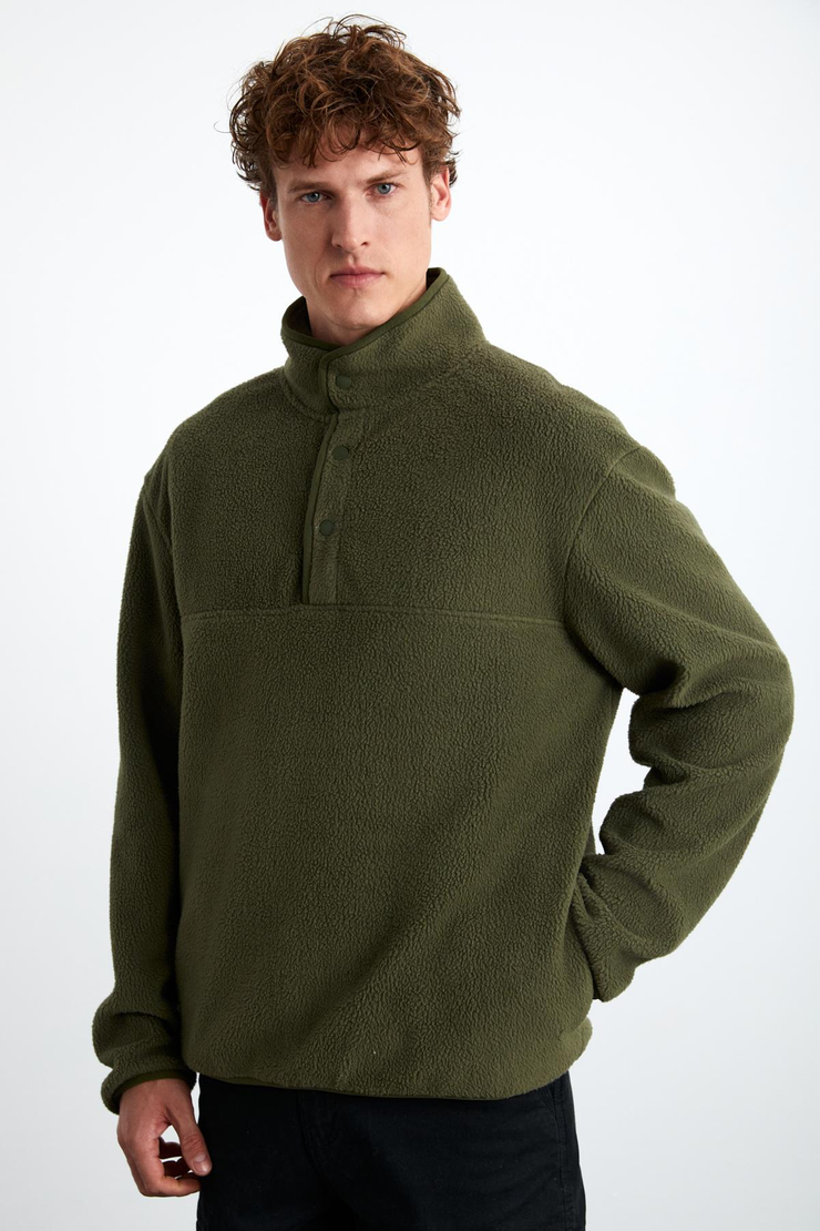 LUDOLF Erkek Pamuk Yarım Fermuarlı Polarlı Haki Sweatshirt