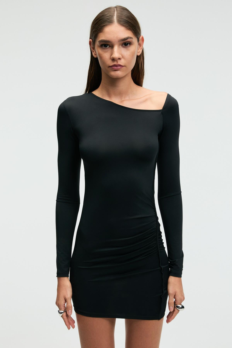 LUKKID Kadın Esnek Kumaşlı Asimetrik Yakalı Slim Fit Siyah Elbise