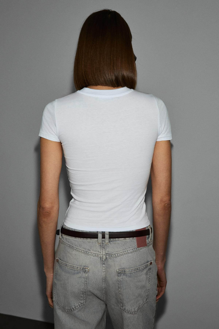 LUMIVYA Kadın Organik Pamuklu Bisiklet Yaka Kısa Kollu Baskılı Slim Fit Beyaz T-Shirt