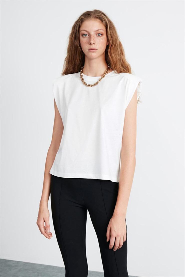 LUNA Kadın Beyaz Düz Renk Yuvarlak Yaka Comfort Fit T-Shirt