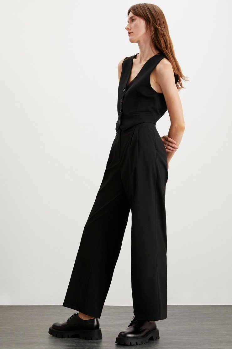 LUZIA  Wide Leg Siyah Tekli Pantolon