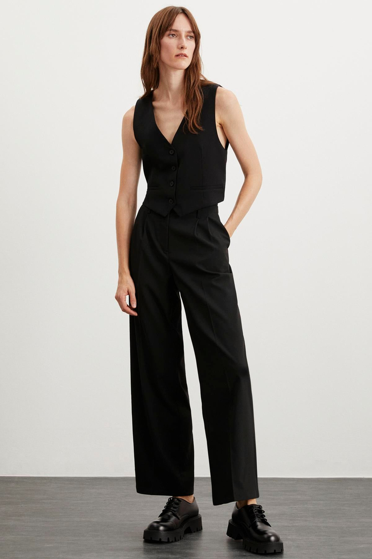 LUZIA  Wide Leg Siyah Tekli Pantolon