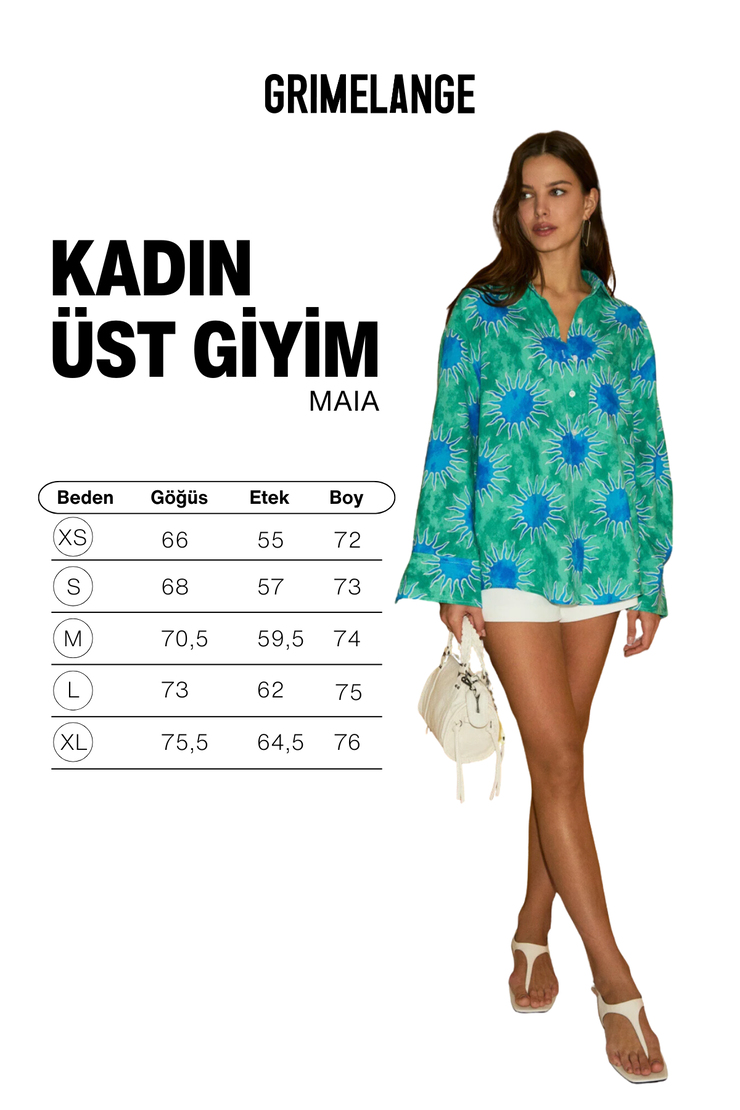 MAIA Kadın Keten Karışımlı Baskı Detaylı Regılar Fit Mavi Gömlek