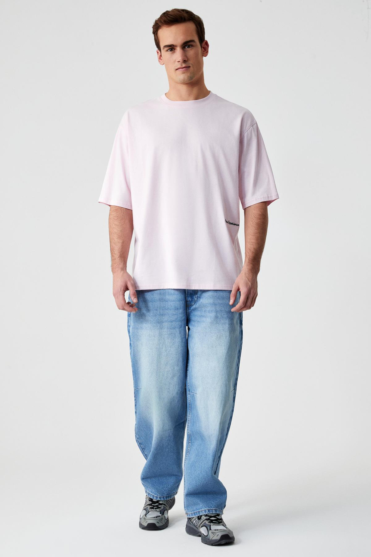 MAINE Erkek Nakış Detaylı %100 Organik Pamuk Oversize Bisiklet Yaka Pembe T-Shirt