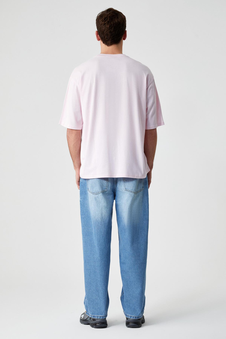 MAINE Erkek Nakış Detaylı %100 Organik Pamuk Oversize Bisiklet Yaka Pembe T-Shirt