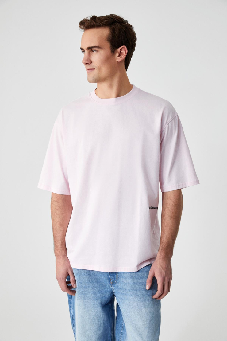 MAINE Erkek Nakış Detaylı %100 Organik Pamuk Oversize Bisiklet Yaka Pembe T-Shirt