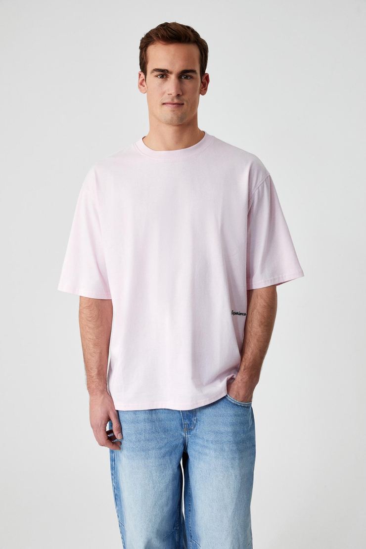 MAINE Erkek Nakış Detaylı %100 Organik Pamuk Oversize Bisiklet Yaka Pembe T-Shirt