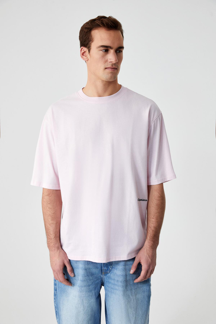 MAINE Erkek Nakış Detaylı %100 Organik Pamuk Oversize Bisiklet Yaka Pembe T-Shirt
