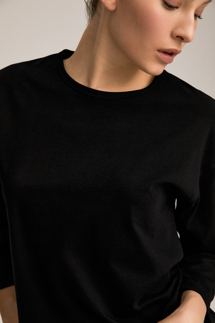 MAISON Kadın Oversize %100 Organik Pamuk Örme Uzun Kol Siyah T-Shirt