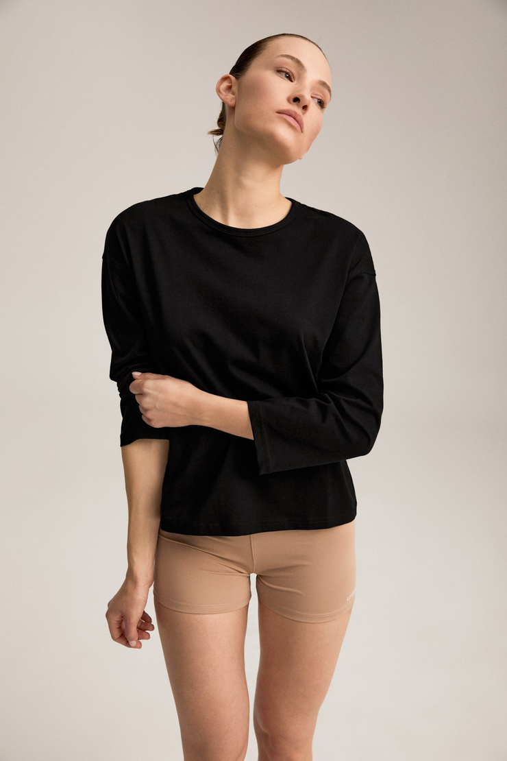 MAISON Kadın Oversize %100 Organik Pamuk Örme Uzun Kol Siyah T-Shirt