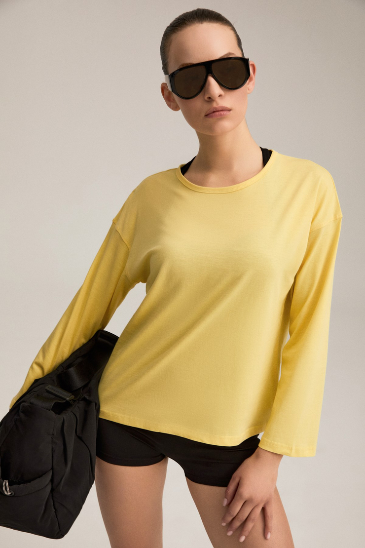 MAISON Kadın Oversize %100 Organik Pamuk Örme Uzun Kol Sarı T-Shirt