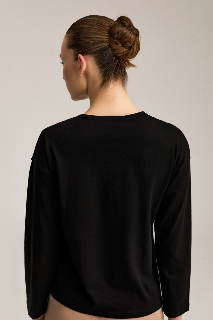 MAISON Kadın Oversize %100 Organik Pamuk Örme Uzun Kol Siyah T-Shirt