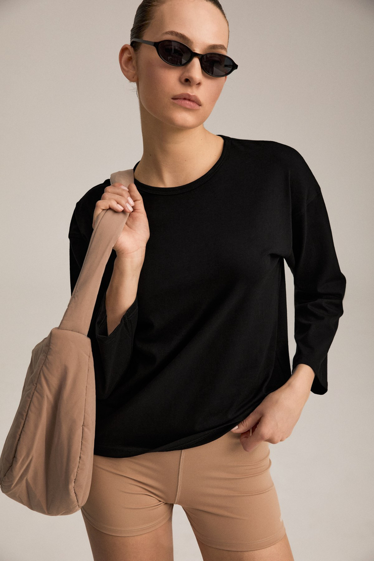 MAISON Kadın Oversize %100 Organik Pamuk Örme Uzun Kol Siyah T-Shirt