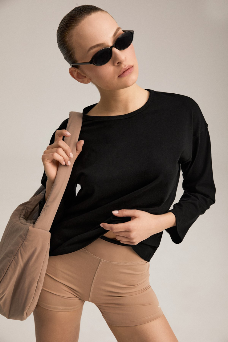 MAISON Kadın Oversize %100 Organik Pamuk Örme Uzun Kol Siyah T-Shirt