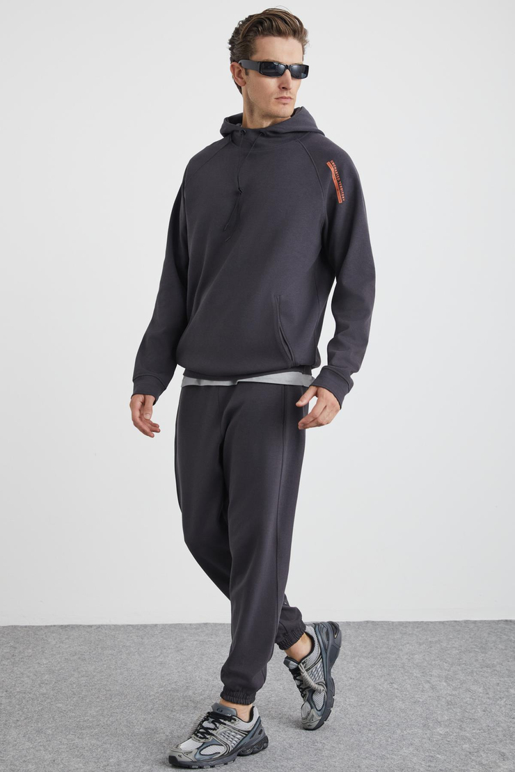 MALAGOS Erkek İçi Polarlı Yumuşacık 3 İplik İçi Şardonlu Regular Kapüşonlu Antrasit Sweatshirt