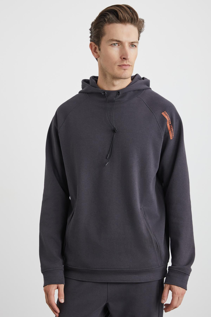 MALAGOS Erkek İçi Polarlı Yumuşacık 3 İplik İçi Şardonlu Regular Kapüşonlu Antrasit Sweatshirt