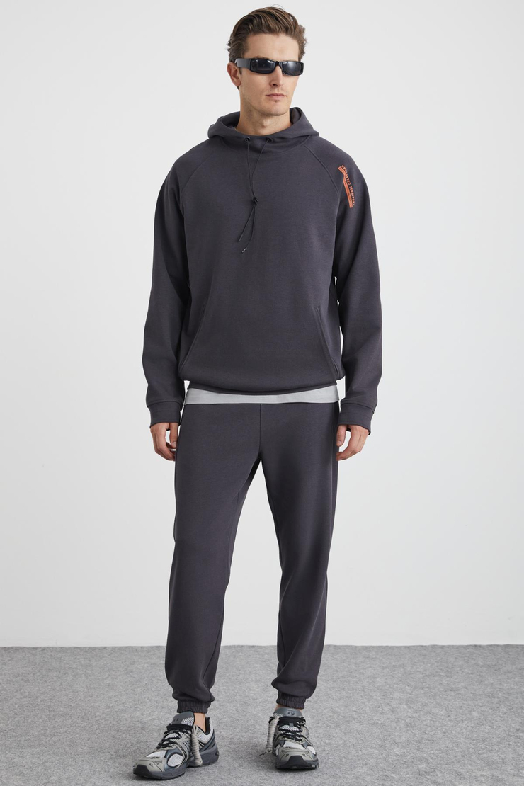 MALAGOS Erkek İçi Polarlı Yumuşacık 3 İplik İçi Şardonlu Regular Kapüşonlu Antrasit Sweatshirt